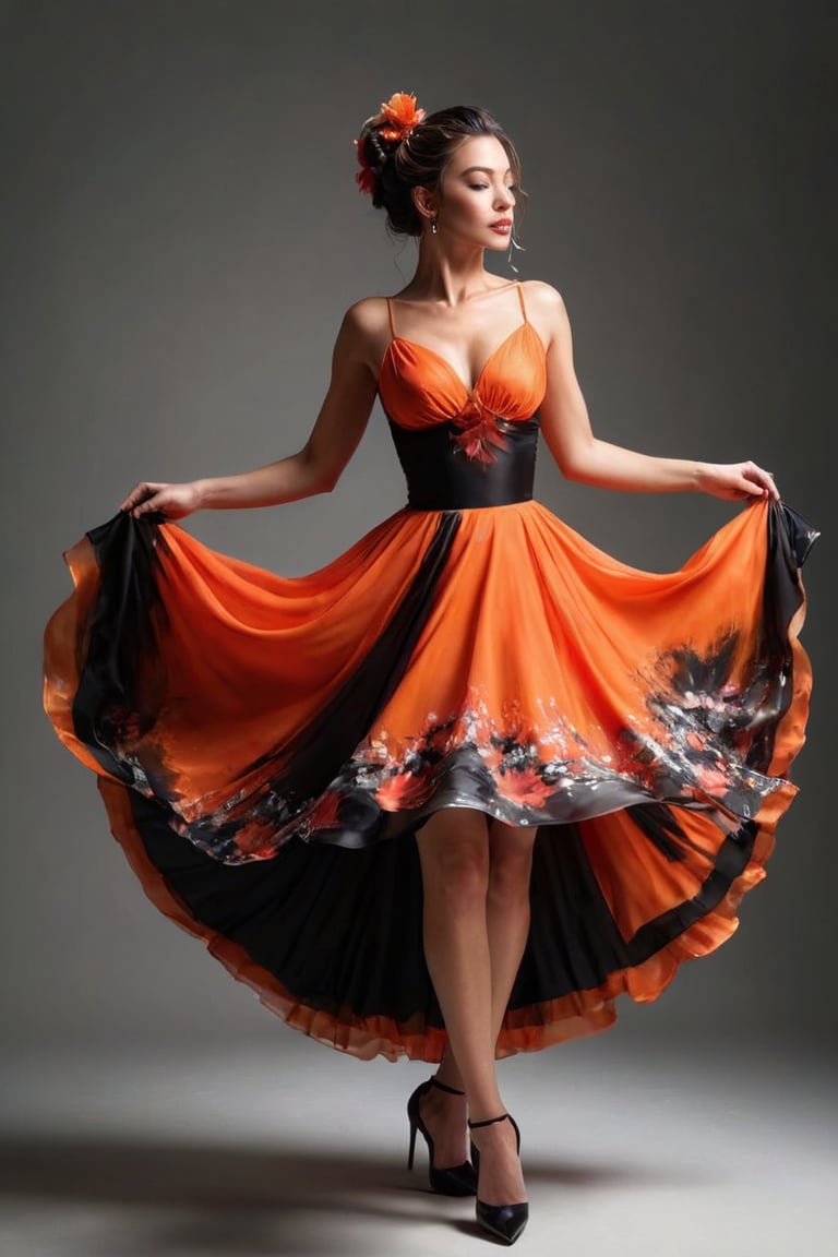 ((masterpiece)), ((best quality)), (((photo Realistic))), (portrait photo), (8k, RAW photo, best quality, masterpiece:1.2), (realistic, photo-realistic:1.3), An artistic portrayal of a woman, seemingly in a dance pose. She wears a vibrant transparent orange and black dress, with the top having a high neckline and the skirt flowing gracefully. Her hair is styled in an elaborate updo adorned with red flowers. The background is abstract, with splashes of orange, black, and white, giving the impression of a dynamic and fiery ambiance.