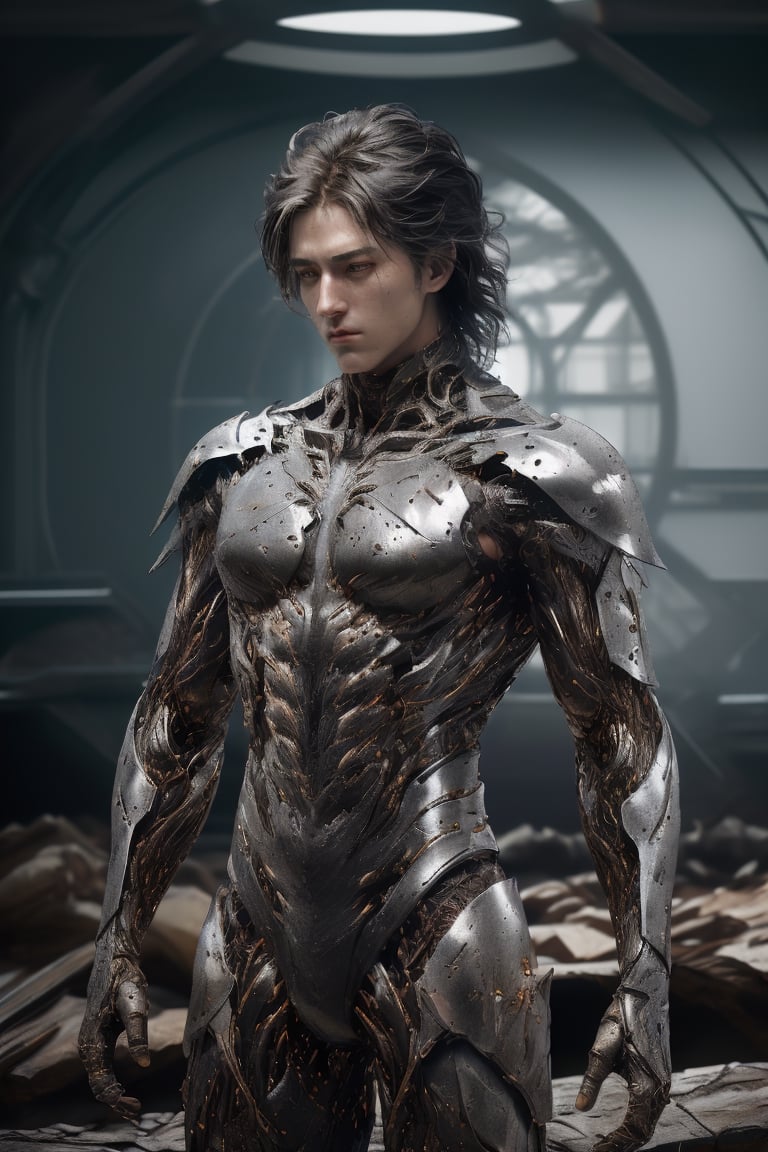 innovation, future, rusty armor, realism, an anti-hero in beautiful Alex Ross's hyper-realistic style. A young boy version. Every muscle fiber, piece of red, silver and dark metalic black gleaming armor, and surrounding environmental element is meticulously rendered. Despite the chaos, the anti-hero exudes a calm and focused demeanor, ready to further disrupt order. The precise artwork and overwhelming attention to detail create a visually stunning, immersive scene that invites viewers to explore every inch of the image. Super clean style.
,TR mecha style,治疗,mecha,1
