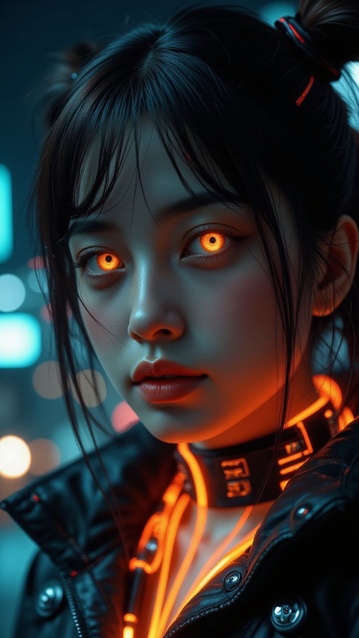 Pretty model with vibrant neon-colored eye, focusing on intense black eyeshadow, glowing orange collar of a high-tech jacket visible, cyberpunk-inspired hairstyle with subtle colored highlights, background showing blurred city lights at night, piercing gaze directly at the camera, photorealistic, 4K, rich detailing. Perfect face, simetrical face, simetrical eyes, ultra detailed, sharp focus, 8k, high definition, insanely detailed, 