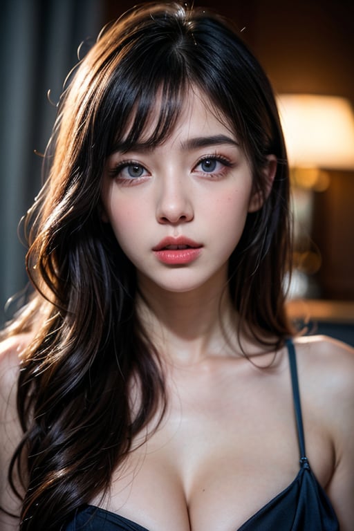 (Best quality, 8k, 32k, raw photo, photorealistic, UHD:1.2), (upper body portrait:1.2), stunning beauty, (smooth hair), beautiful double eyelids, highly detailed glossy blue eyes, detailed facial, (8k, RAW photo, best quality, masterpiece:1.2), a young alluring woman with long hair and fit sexy body figure laying in bed, in the style of yigal ozeri, anamorphic lens flare, bella kotak, video, close up, jagged edges, light beige and blue