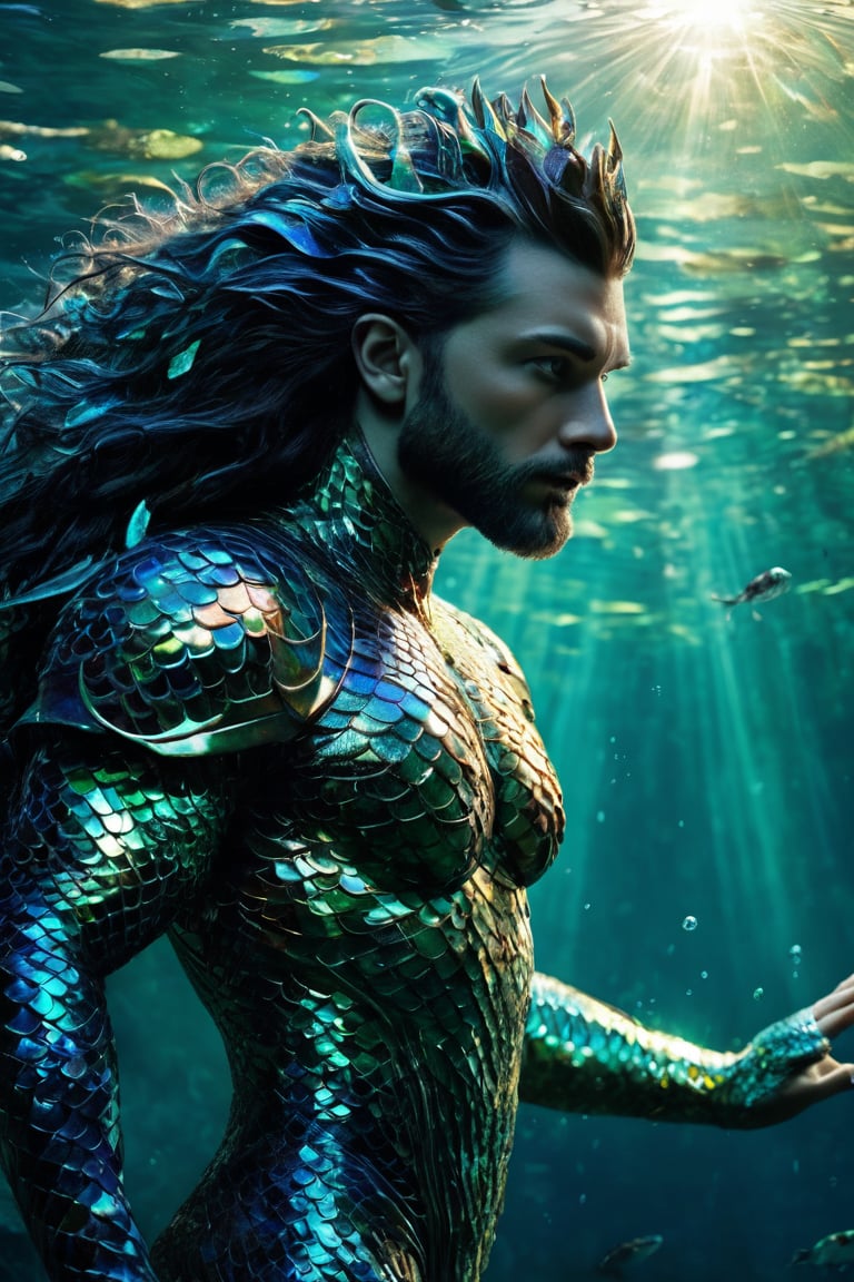 hyperrealistic, a masterpiece movie poster. Beneath the surface of a crystal-clear lake, Nereus, a regal merman warlord, commands his aquatic legions with grace and ferocity. The refracted, shimmering light of the sun dances across his iridescent scales, revealing the intricate patterns and subtle color variations that adorn his powerful form.