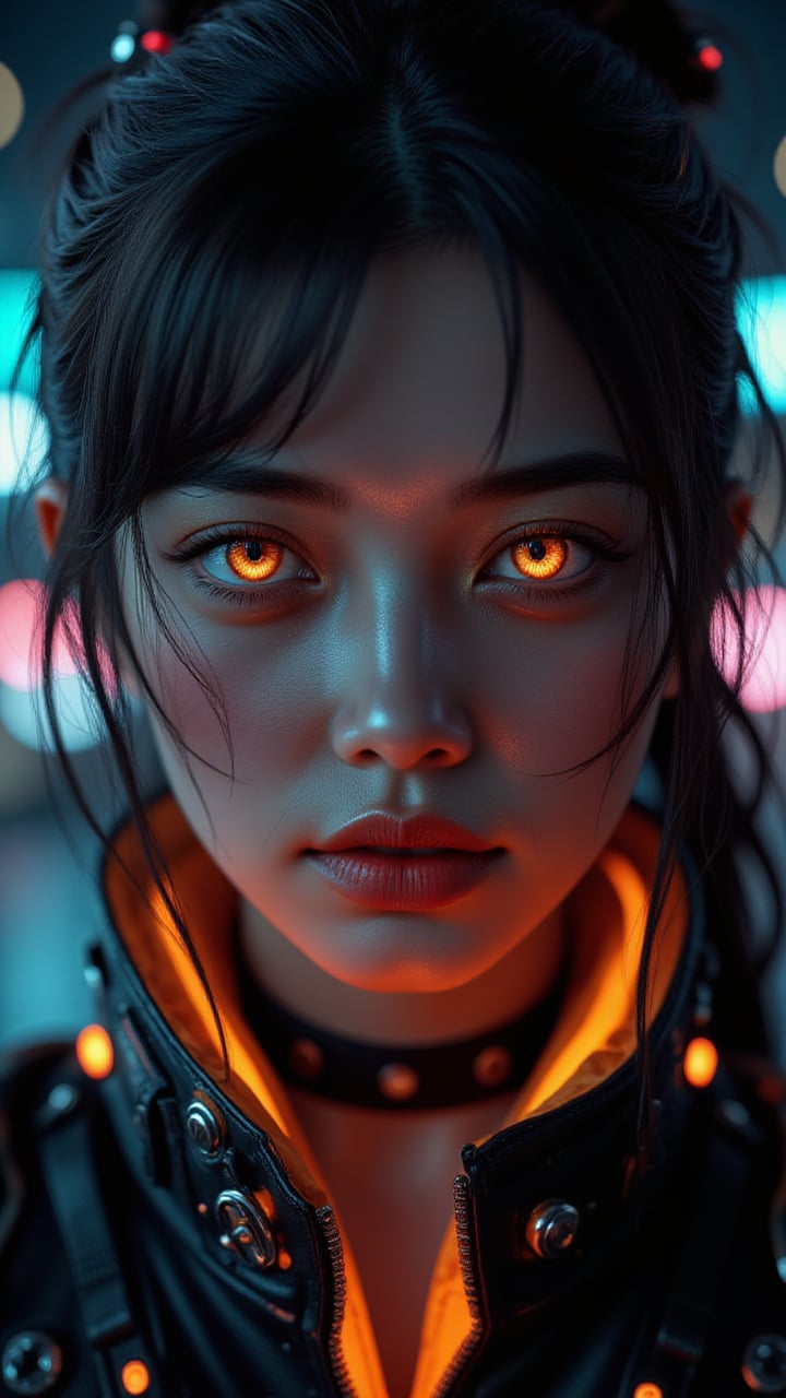 Pretty model with vibrant neon-colored eye, focusing on intense black eyeshadow, glowing orange collar of a high-tech jacket visible, cyberpunk-inspired hairstyle with subtle colored highlights, background showing blurred city lights at night, piercing gaze directly at the camera, photorealistic, 4K, rich detailing. Perfect face, simetrical face, simetrical eyes, ultra detailed, sharp focus, 8k, high definition, insanely detailed, 