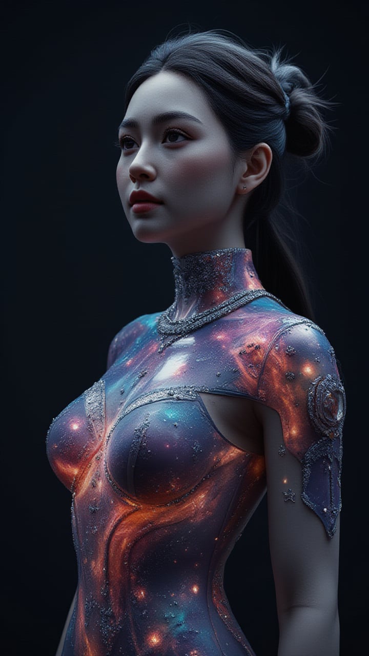 Double exposure effects, a cyborg woman's full-body body made entirely of a brightly colored nebula, with twinkling stars that make her eyes sparkle and dotting her face. The contours of her face and hair are blending into the surrounding space. The body contains bright galaxies and colorful nebulae as if the body contained the entire cosmos. Realistic 3D rendering, against a dark background.