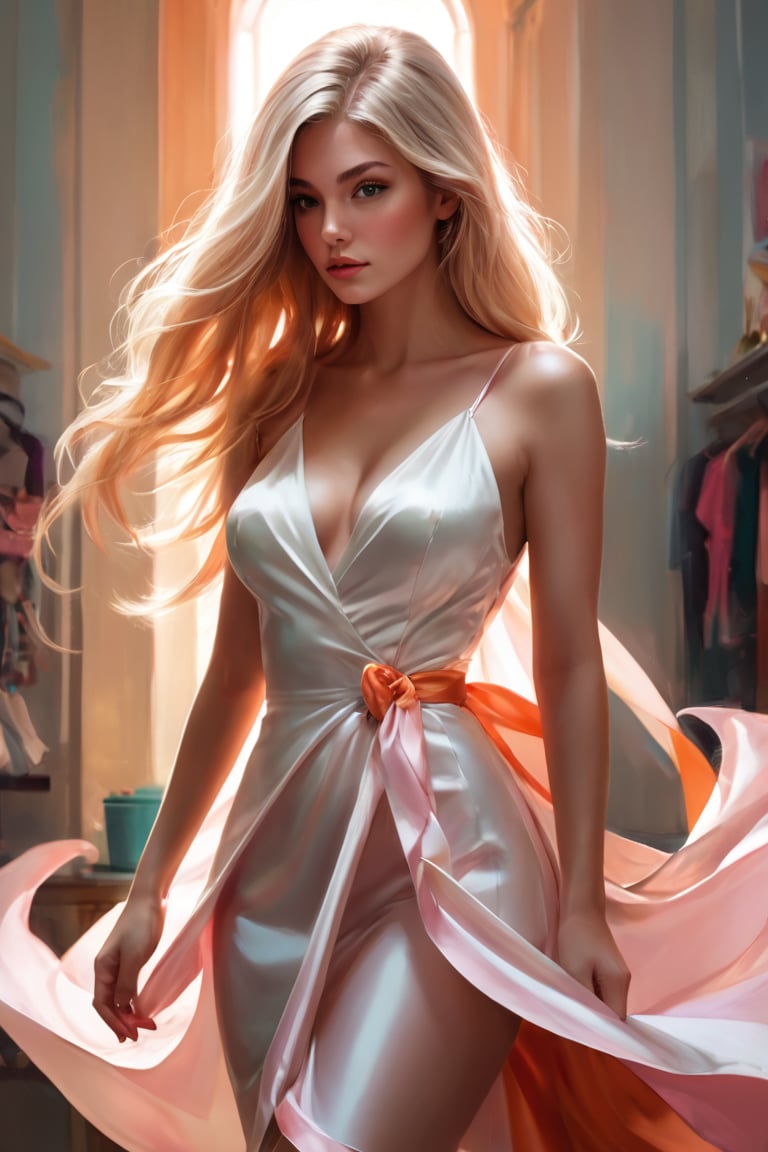 A breathtaking high-resolution digital painting by Artgerm and Augusto, masterfully blending the artistic styles of Guweiz and Alexey Egorov. The centerpiece of the composition is Angelica, a 21-year-old tall, preppy light blonde woman. She is dressed in a pastel white, pink, and orange thin silk Emilio Pucci slip dress. She captivates the viewer with her inviting pose, leaning forward with her hands together, exuding a playful charm. The artwork showcases exquisite details and flat shading, resulting in a vivid color palette that incorporates a pastel swirl of white, pink, and orange in the background, matching Angelica's dress.