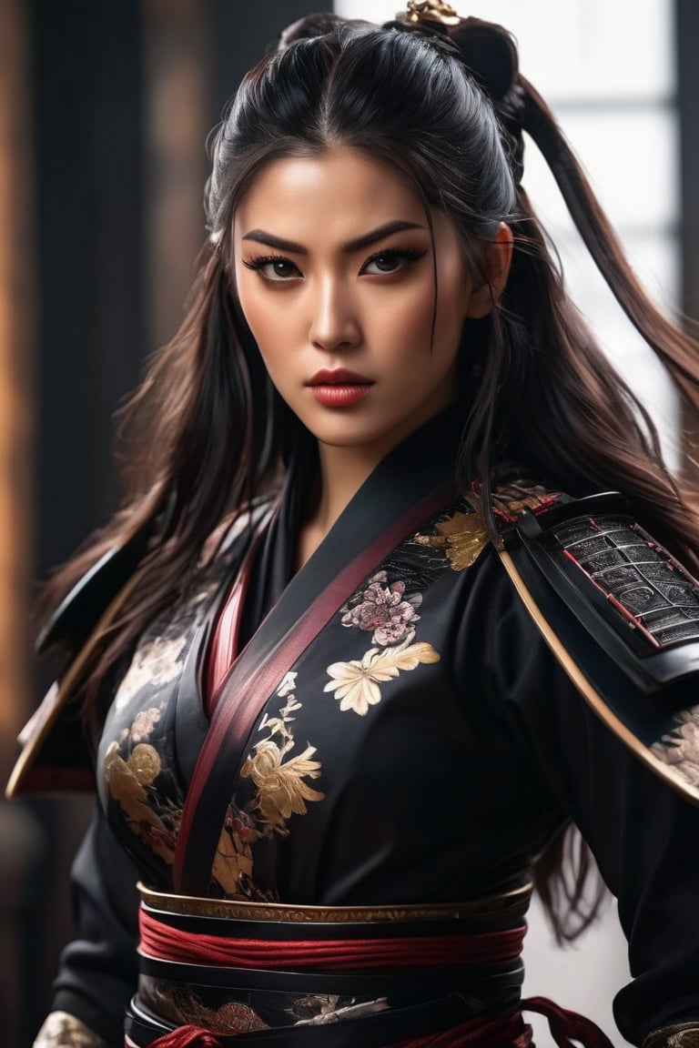 ((masterpiece)), ((best quality)), (((photo Realistic))), (portrait photo), (8k, RAW photo, best quality, masterpiece:1.2), (realistic, photo-realistic:1.3). A striking 8k portrait of a gorgeous alluring woman in a black sexy samurai suit, showcasing her toned body and long dark hair. She has dark, intense eyes and a goddess's face. The woman wields a long gleaming katana at dynamic jumping action pose and is adorned in intricate, maximalist transparent attire. The background is a blend of dark and light tones, with a nod to anime-inspired elements. This stunning artwork is trending on ArtStation and is a masterpiece by the talented artist, Artgerm.,samurai