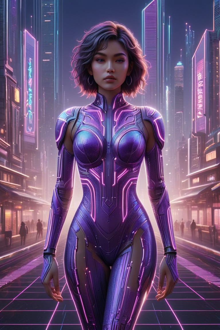 full body:1.2, ((masterpiece)), ((best quality)), (((photo Realistic))), A striking portrait of a young svelte woman looking back against a glowing background adorned with futuristic gleaming gadgets. A stunning anime-inspired fashion illustration featuring a girl wearing a vibrant, neon purple dress. The dress is adorned with intricate patterns and glowing accents, creating a mesmerizing effect. The background showcases a futuristic, neon-lit cityscape with towering, architecturally unique buildings and a glowing city skyline. The overall atmosphere of the image is energetic and vibrant, reflecting the bold fashion and futuristic setting., vibrant, fashion, anime, architecture