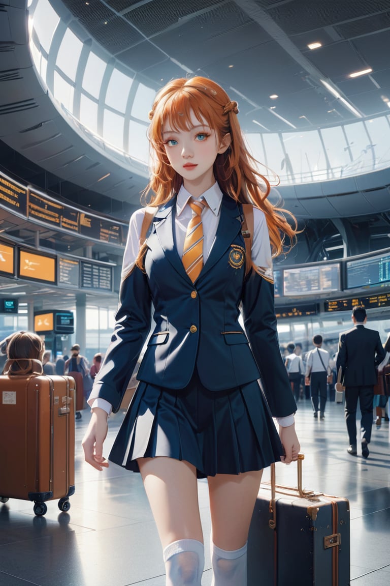 masterpiece photography, mid shot, fashional dressed young woman with orange hair and a suitcase in a futuristic interior of the high-tech airport, a gorgeous portrait inspired by Harriet Powers, trending on CG society, digital art, a hyperrealistic schoolgirl, hyperrealistic schoolgirl, dressed as schoolgirl, school girl, realistic schoolgirl, still from a live-action movie, wearing a mini skirt and high socks, promotional still, magical school student uniform, photo still, airport interior background,futurecamisole