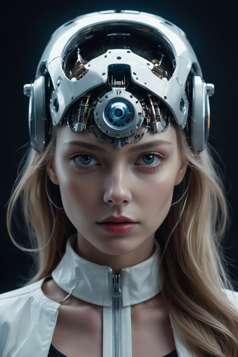 ((masterpiece)), ((best quality)), (((photo Realistic))), (portrait photo), (8k, RAW photo, best quality, masterpiece:1.2), (realistic, photo-realistic:1.3). a Swedish supermodels head with a Wankel rotary engine blended into her skull, portrait, electric hair