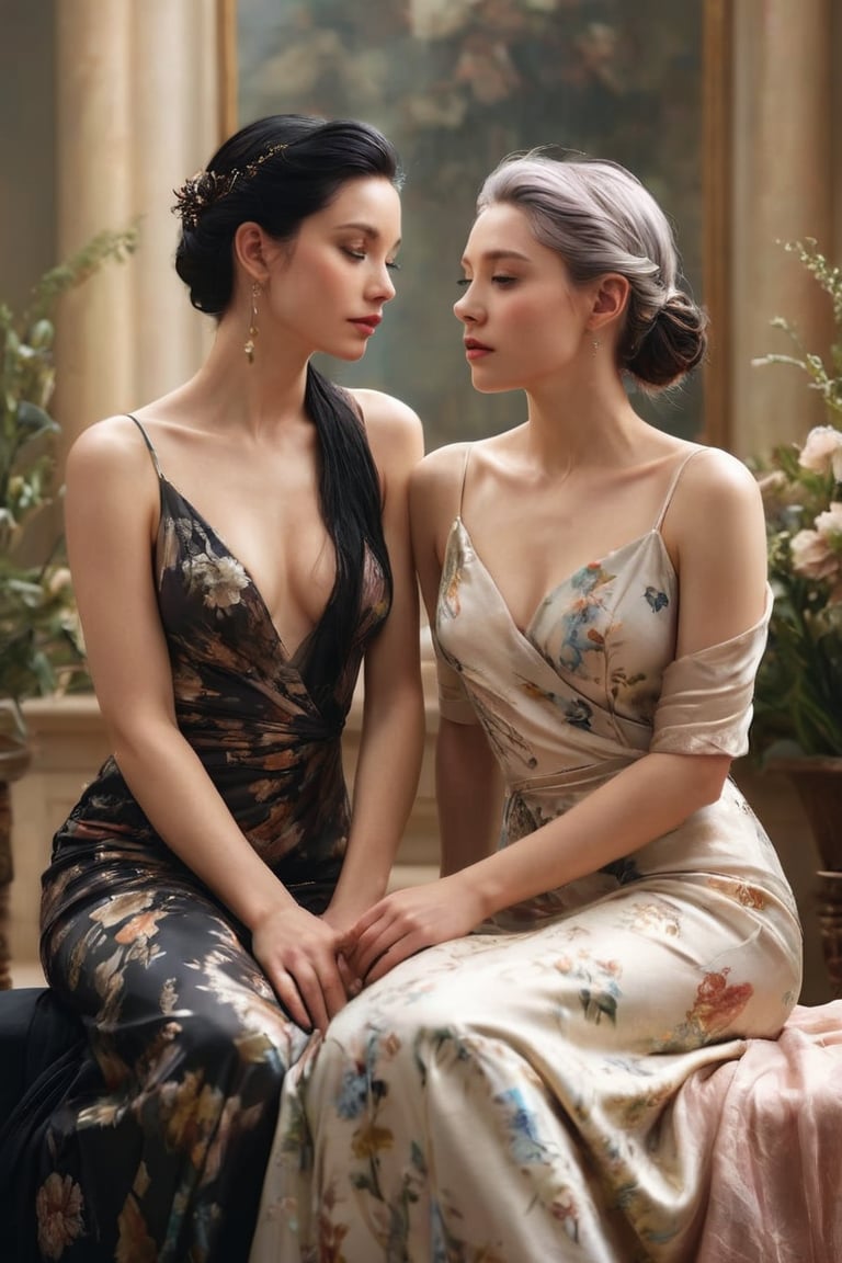 ((masterpiece)), ((best quality)), (((photo Realistic))), (portrait photo), (8k, RAW photo, best quality, masterpiece:1.2), (realistic, photo-realistic:1.3), A cinematic portrayal of two contrasting female figures, side-by-side. One woman has blonde hair and is draped in a delicate, floral-patterned garment that cascades down her legs, creating an ethereal atmosphere. The other woman has raven-black hair styled in an elegant updo, her serene expression adding to the harmonious duality. The contrast between their hair colors highlights their different natures, while the soft and muted color palette of beige, cream, and deep blacks connects them to the natural world. The scene exudes elegance and serenity, with the two women lost in their own contemplative reveries, inviting the viewer to appreciate their beauty and grace.