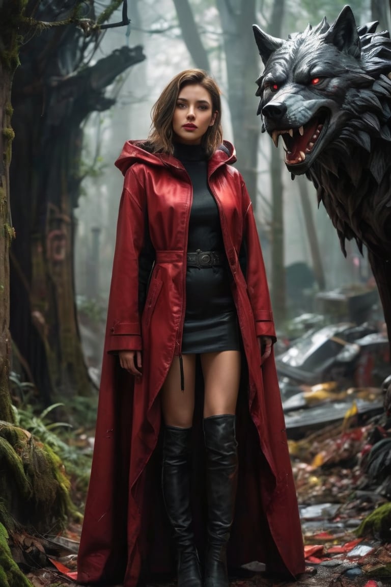 hyperrealistic, a masterpiece movie poster. HDR. ultra high res, photorealistic, 8k, hyperrealism, studio lighting. (Best quality, 8k, 32k, raw photo, real life, photorealistic, UHD:1.2), A striking full-body length photo of a young woman in a red hooded cloak and matching red dress with straps and a belt, standing in a graffiti-laden cyberpunk forest setting. The woman is evil smiling, her right hand partially covering her mouth as she looks forward. Beside her stands an enormous wolf with a fierce and menacing expression, bared teeth, and intense eyes. The background features a monochromatic color scheme with varying shades of gray, contrasted by the vivid red of the woman's clothing. The scene is surrounded by rubble and debris, with graffiti-covered walls adding to the dark fantasy and cinematic atmosphere  dark fantasy, 