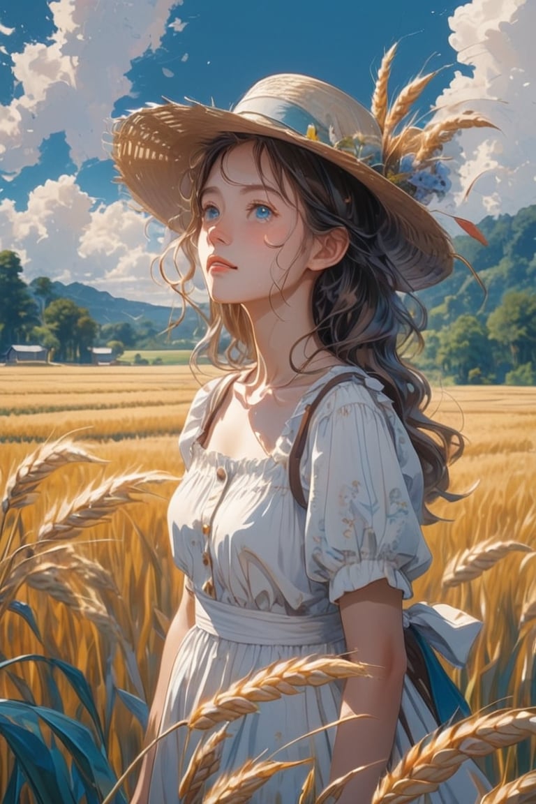 Wheat field, a farmer girl with a straw hat standing in a wheat field. She is a young cute young woman with beautiful eyes, sweaty, clouds, blue sky, rice field, neat rice seedlings in the field, forest, hillside, secluded, rural, HD detail, hyper-detail, cinematic, surrealism, soft light, deep field focus bokeh, ray tracing and surrealism. 