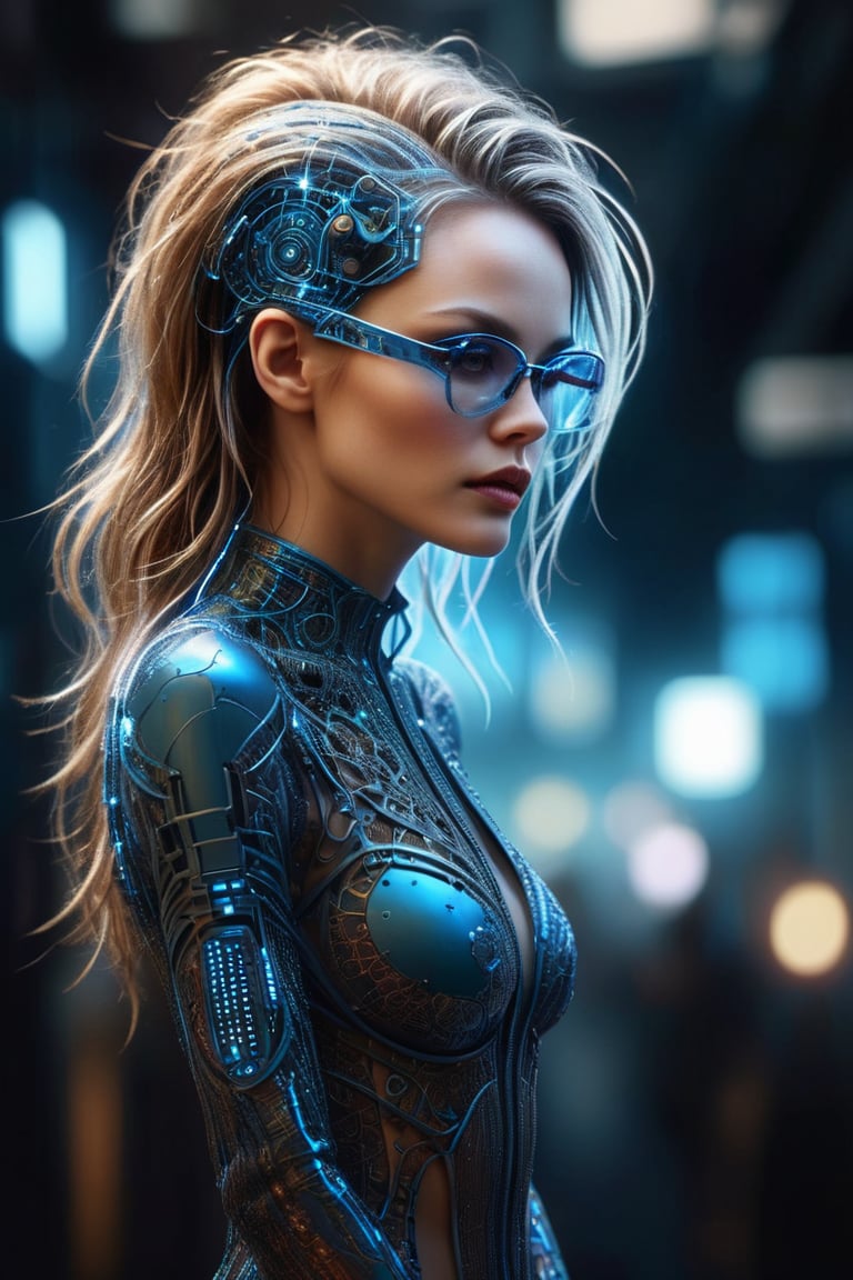 (realistic, photo-realistic:1.3),Amazing, finely detailed, best quality, bokeh, depth of field. An ultrarealistic, futuristic portrait of Vanessa Paradis, where half of her body is meticulously rendered in neon blue wireframe. A high definition detailed full body photograph of a beautiful cyber woman scientist, who upgrades her mechanical body in laboratory,suspended in the air in  action pose motion blur, fantasy, UHD, soft glow, divine proportion, abstract dark color oil, detailed acrylic, intricate complexity, rendered in unreal engine, photorealistic painting, in the style of Viktor Miller-Gausa, Kyle Lambert, Charlie Davis, masterpiece, best quality, highly beautiful detailed intricate, epic sharp focus, painting concept art of detailed character design, vivid colors, glossy and a bit glowing mystical, creepy, fantasy, filigree detailed, complex background, dynamic lighting, digital painting, intricated pose, filigree, intricated, stunning, something that even doesn't exist, mythical being, breathtaking beauty