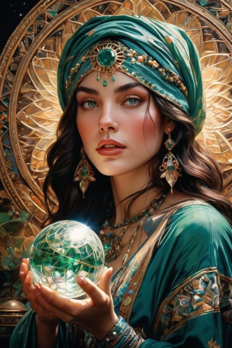 realistic vintage lithograph style, a gorgeous gypsum fortune teller with long dark hair and green eyes, a mysterious young goddess, wearing an embroidered headscarf with many jewels around her neck, holding up a large crystal ball in her hands, close-up of her face, in the style of fantasy art, best quality, highly detailed, 