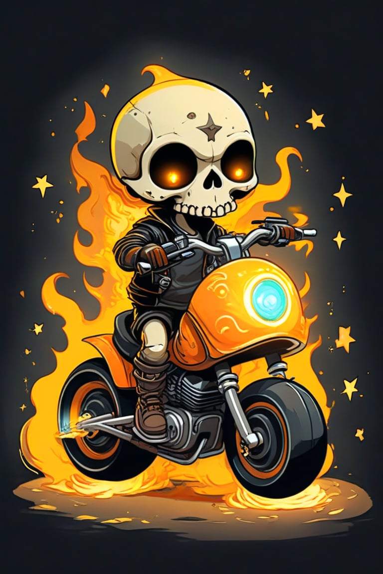 A whimsical art design. A stylized cartoon character, a small, adorable humanoid figure with a skull head, riding a miniature motorcycle. The skull head is oversized, with smooth, rounded features, large black eye sockets and a cute expression. The character has tiny, simplified limbs. The motorcycle is a chibi-style design, with exaggerated proportions, such as large, round headlights and chunky wheels. The bike emits a surreal, glowing aura, mainly in bright orange and yellow hues, resembling flames, which trail behind as if it’s moving fast. The background is dark, nearly black, with stars, creating a stark contrast that highlights the glowing flames and the motorcycle. 