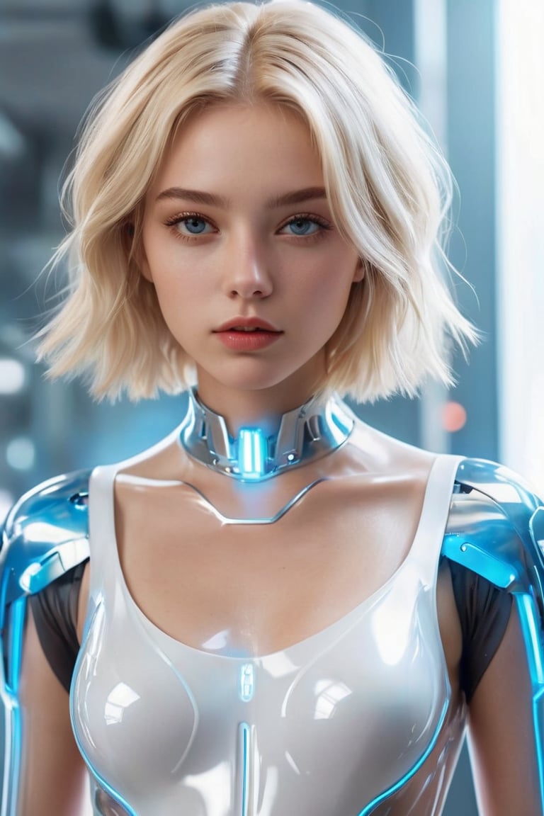 hyperrealistic, a masterpiece, (1girl), (full body), (futuristic sci-fi glassy transparent platinum white bodysuit with hollow crop cut), Beautiful young girl, (Cute Loose Bob hairstyle), symmetrical eyes, realistic, sharp focus, HD, highly detailed, A photo of an attractive blonde woman with visible robotic elements in her face and neck. She has white skin that is glowing slightly. Her eyes is gleaming, which adds depth to them. The background should be pure white, focusing attention only on her and the minimalistic details she's displaying. 