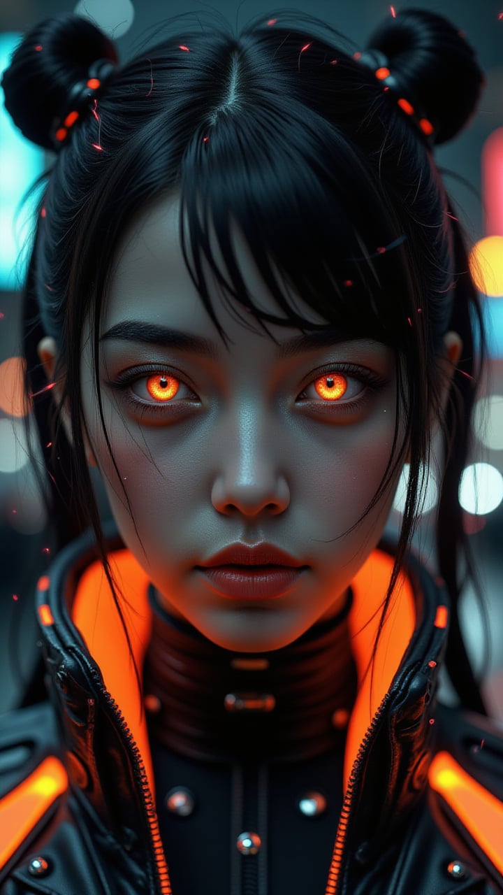 Pretty model with neon-colored eye, focusing on intense black eyeshadow, glowing orange collar of a high-tech jacket visible, cyberpunk-inspired hairstyle with subtle colored highlights, background showing blurred city lights at night, piercing gaze directly at the camera, small red digital elements floating near the face, photorealistic, 4K, rich detailing. Perfect face, simetrical face, simetrical eyes, ultra detailed, sharp focus, 8k, high definition, insanely detailed, 