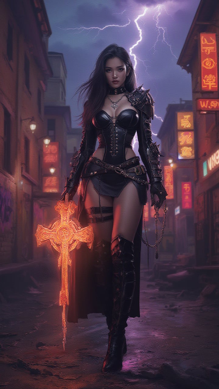 A female stoic Goth Soldier, standing amidst the urban decay of graffiti-laden walls and eerie neon lights. intricate fantasy mysticism enhance her imposing figure. Her sexy armor, with spikes and chains, shimmers under the neon glow. In her hand, she clutches a glowing gothic cross symbol, surrounded by swirling arcane runes, exuding an aura of mystical power. Lightning clouds with orange fire cutting through the shiny sky, enhancing the brooding atmosphere. The Goth Soldier's presence embodies the dark fusion of ancient magic with urban rebellion, a symbol of strength in a decaying world.