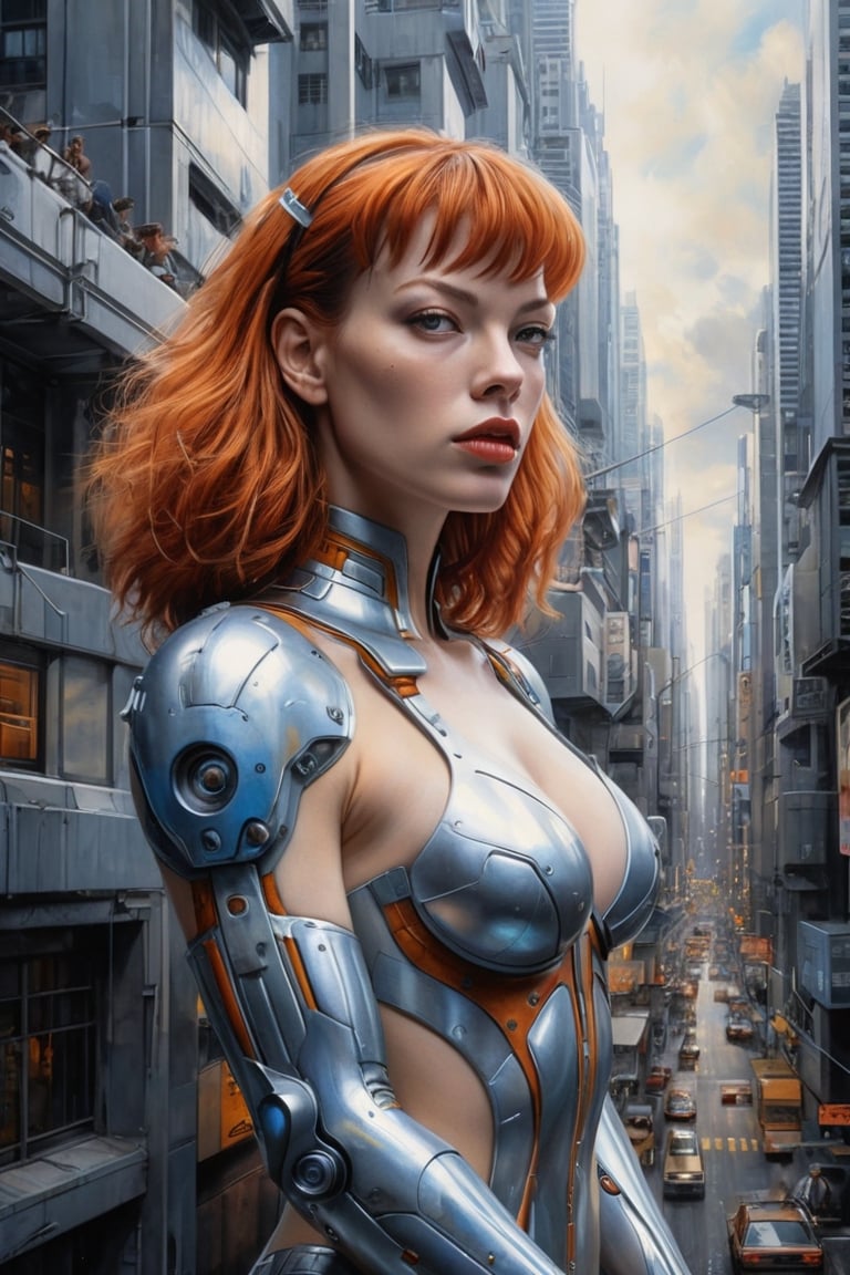 A stunning, high-definition photo in the Hajime Sorayama style, featuring a beautiful young woman, curvy dynamic action figure.A masterful conceptual illustration, drawn with pencil on paper, capturing a random frame from the movie The Fifth Element. The portrait features Milla Jovovich as Leeloo, the mysterious and powerful character. The background reveals a futuristic, chaotic cityscape filled with vibrant colors and unusual architecture. The overall composition is striking and thought-provoking, showcasing the artist's exceptional ability to capture the essence of conceptual art., conceptual art, portrait photography, illustration