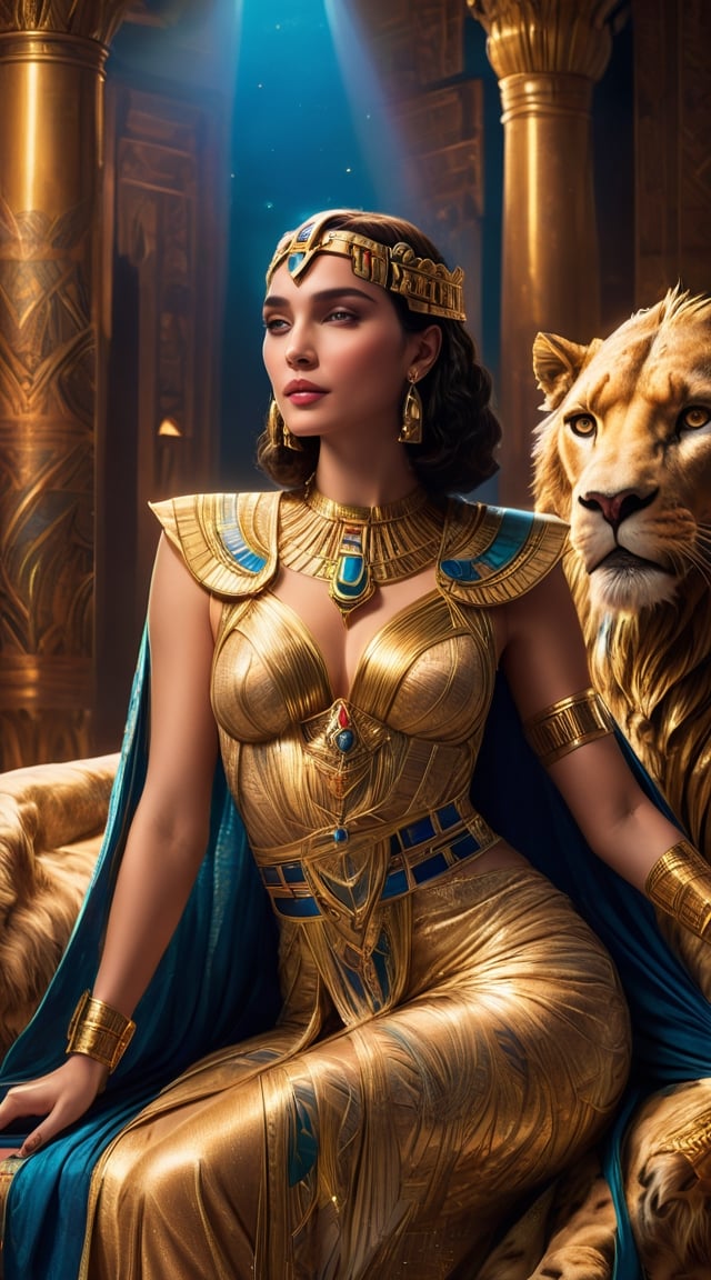 A captivating movie scene of the enigmatic Egyptian princess Cleopatra acted by gal gadot, elegantly seated on an ornate royal sofa adorned with intricate patterns. She wears revealing clothing embellished with gold and jewels, exuding an air of sophistication and power. Cleopatra is positioned between a majestic lion and a lioness, her arms gently wrapped around the beasts, displaying her command over the fierce creatures. The background is a lavish Egyptian throne room, filled with rich tapestries and exquisite architecture, casting a golden hue over the scene. The detailed, realistic portrayal of the characters and setting makes this an exquisite masterpiece.,cinematic style,xxmix_girl,photo r3al