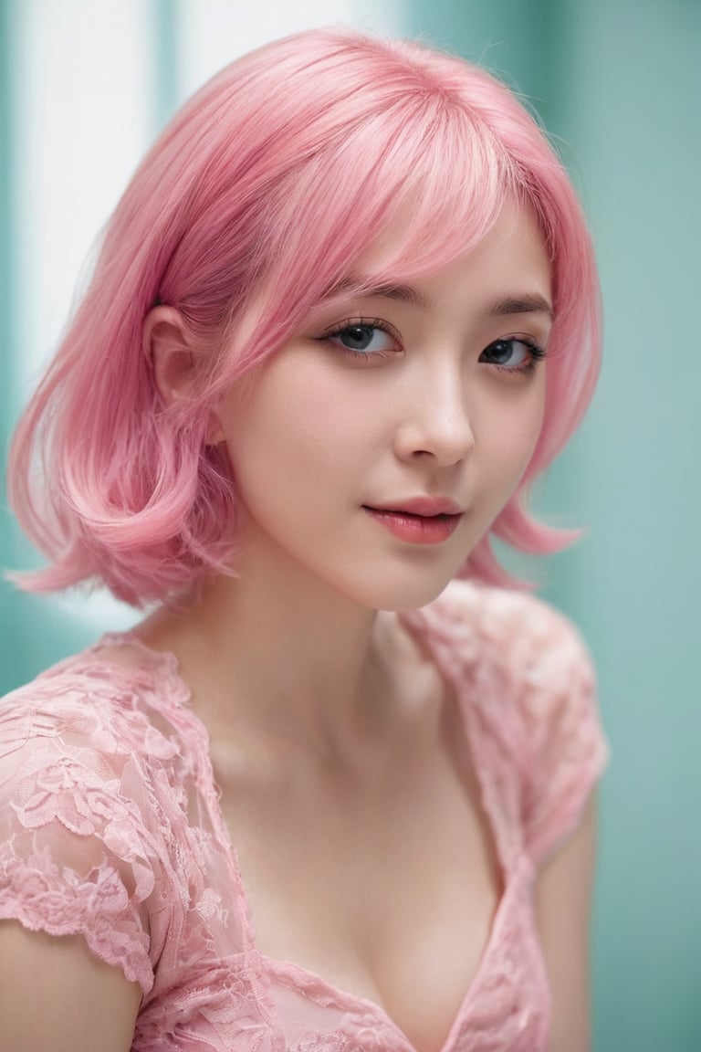 A young alluring woman wearing pink hair in a transparent hollow pink lace dress, in the style of hyperrealism and photorealism,she is at the seductive bending pose, UHD image, soft-focused realism, pastel color, babycore, gentle smile,better photography,dal,more detail XL