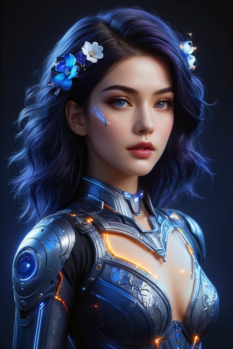 ((masterpiece)), ((best quality)), (((photo Realistic))), (portrait photo), (8k, RAW photo, best quality, masterpiece:1.2), (realistic, photo-realistic:1.3). A stunning 4K high-quality photo of a beautiful woman wearing a white mecha adorned with dazzling lights. Her face, with a captivating gaze, is perfectly enhanced with blue-toned makeup, including dark blue eyeliner, red lip gloss, and a delicate hairpin. Her dark blue hair is a blend of silver, violet, and blue hues, with a gradient effect. The background showcases a complex setting with dark blue flowers and intricate clothing, all against a backdrop of a godly landscape. The atmosphere is filled with a sense of wonder, as the woman's outfit billows in the wind. This photograph truly captures the essence of fashion and artistic beauty.,glowneon,mad-cyberspace