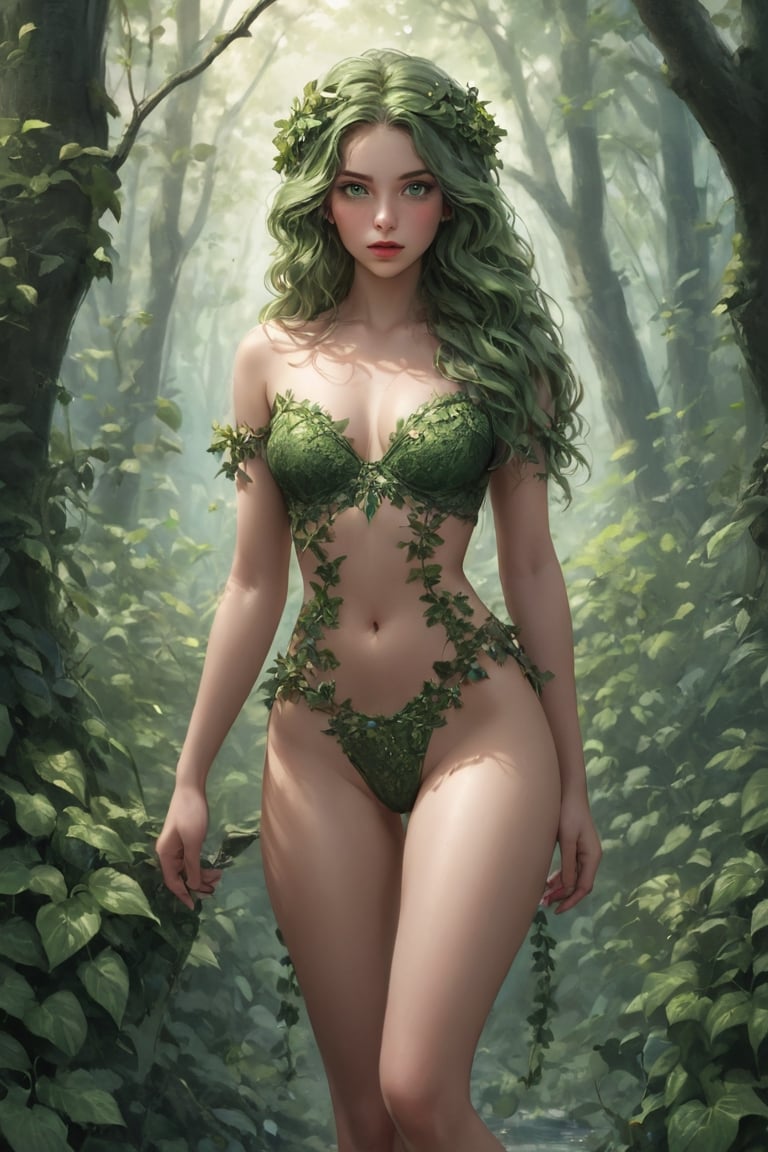 A striking fantasy movie still, featuring a captivating and mesmerizing sexy forest goddess with emerald green eyes. The young teen naked full body is covered with vibrant ivy pattern, featuring intricate floral designs and vines that come to life, capturing the essence of nature's power. Her enchanting gaze and cascading hair create an alluring atmosphere, while her minimalist style emphasizes the elegance of the design. The realism art adding to the overall impact of this extraordinary work of art. fantasy, masterpiece digital illustration, 