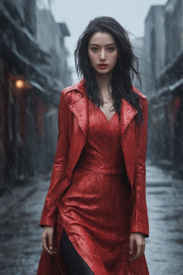 A captivating, fantasy portrait of a confident woman standing tall in the rain, exuding an enigmatic aura. She dons a black leather jacket, a red dress, and high black boots, with dark eyes and flowing loose black hair cascading down the left side of the canvas ink splash art piece featuring a strong female figure clad in a fiery red dress and a black hooded leather jacket. The contours of her face and body are boldly defined by expressive, sharply etched strokes, creating a striking contrast to her vibrant attire. The background is a whirlwind of turbulent energy, with a stormy sky and sea displaying stark lines and vivid hues. Waves crash dramatically against the shore, and the woman stands unwavering, embodying resilience, determination, and inner strength amidst the chaotic environment, ukiyo-e, dark fantasy, cinematic, poster, painting, photo, architecture, product, wildlife photography, typography, 3d render, illustration, vibrant, anime, conceptual art, graffiti, fashion, portrait photography.