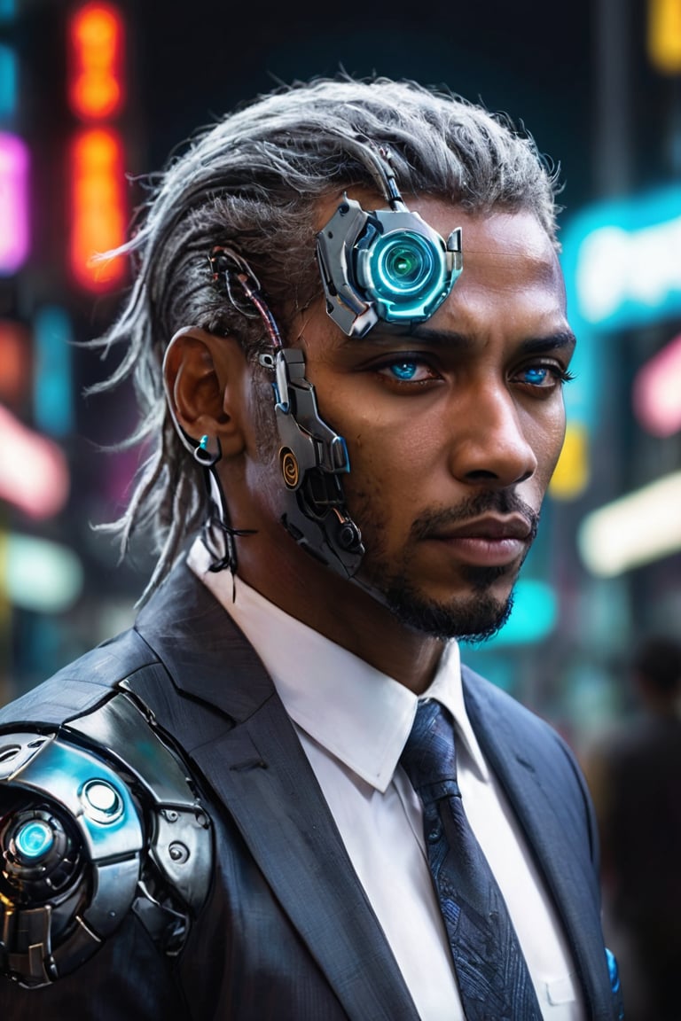 ((masterpiece)), ((best quality)), (((photo Realistic))), (portrait photo), (8k, RAW photo, best quality, masterpiece:1.2), (realistic, photo-realistic:1.3). A striking image of a cyberpunk protagonist, a black man with grey hair and robotic eyes, dressed in a sharp suit. His cybernetic eyes emit a cool blue light that contrasts with the dimly lit, neon-lit cityscape. Hovering vehicles and futuristic architecture fill the background, while a holographic 'Hal Cinah' signature is subtly integrated into the scene, hovering above his head. The overall atmosphere is bold, futuristic, and slightly dystopian.