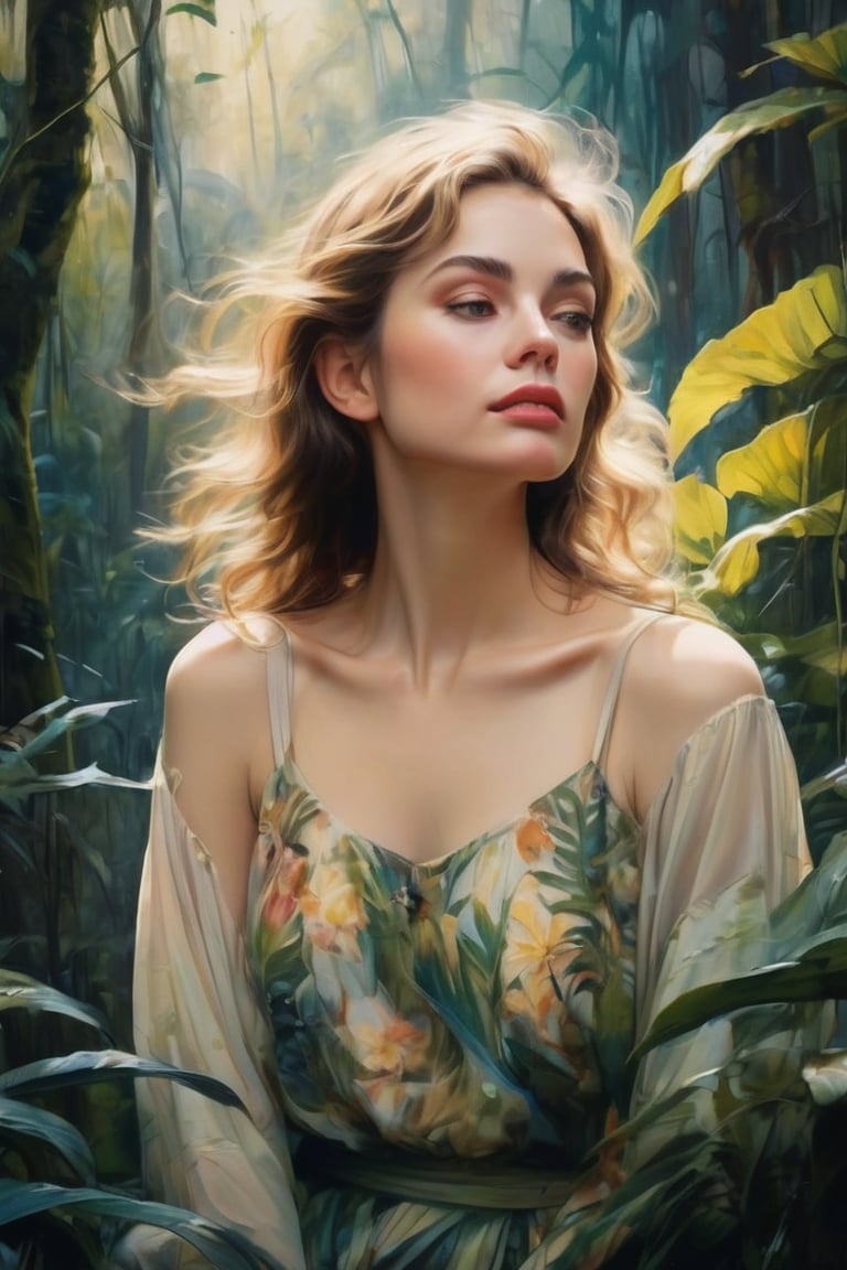 realistic painting hybrid of vintage lithograph style, oil on canvas, impressionist tendencies, delicate painting of a beautiful woman in an ethereal rainforest, expressive brushstrokes, full-body, in the style of fantasy art