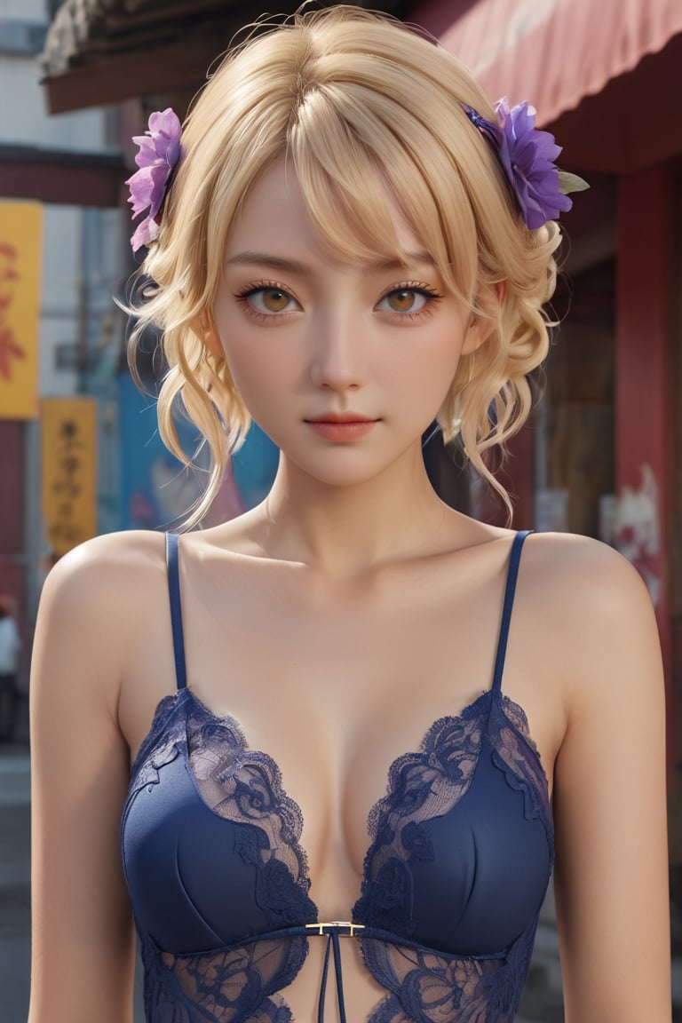 A captivating anime character 3D render portrays a stunning, photorealistic image of a confident and charming blonde komoe from Namiuchigiwa no Muromi-san. Her enchanting smile draws the viewer in, while her alluring attire, including a lacy deep neckline top and strings with suspended belt, exudes elegance and sophistication. Gold earrings and a necklace adorn her, adding a touch of refinement.

The background showcases a mesmerizing, abstract swirl of deep blues and purples, creating a dynamic and energetic atmosphere that contrasts with the subject's poised demeanor. This exquisite blend of painting-like qualities, fashion, conceptual art, and photography exemplifies the artistry and innovation within this striking image. A masterpiece of conceptual art, cinematic portraiture, and photography, this 3D render stands as a testament to the creative prowess of, anime, vibrant, painting, fashion, photo, 3d render, graffiti, cinematic, conceptual art, portrait photography, illustration