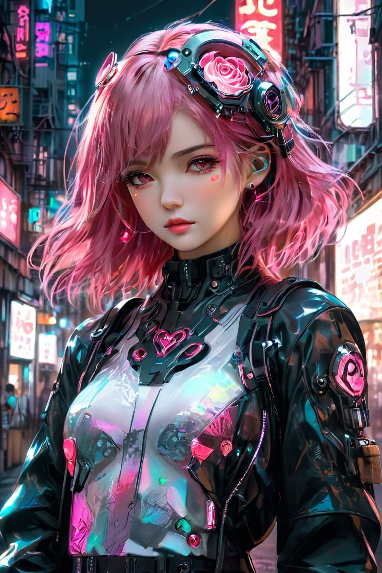 ((masterpiece)), ((best quality)), (((photo Realistic))), (portrait photo), (8k, RAW photo, best quality, masterpiece:1.2), (realistic, photo-realistic:1.3),A captivating cyberpunk-inspired manga illustration targeted at girls, featuring a cute, pink-haired protagonist. She is dressed in a trendy, futuristic outfit with a rose-tinted helmet and adorned with neon heart-shaped accessories. The protagonist holds a milkshake, with its vibrant colors and toppings reflecting the neon theme. The background is a bustling cityscape with towering buildings, holographic advertisements, and a futuristic pink neon sign.,Cyberpunk Clothing