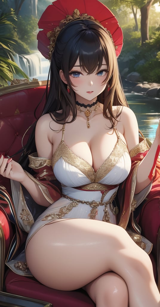A captivating and sultry image of a streamer girl in the Etobogema region, dressed in a revealing and stylish outfit. She is seated on a modern chaise lounge next to a serene stream, with the beautiful Etobogema landscape in the background. The streamer has a confident and alluring expression, wearing a silky red dress that accentuates her curves. She is holding a glass of bubbling champagne in one hand, and a smartphone in the other, ready to engage with her fans. The overall ambiance of the image is sensual and glamorous, with a touch of sophistication and modernity.,masterpiece,Anime