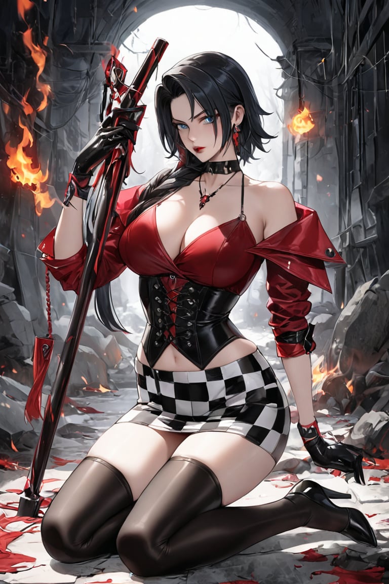 A captivating and unique illustration of a buxom woman with short black hair and a blue eye, posing seductively with a knee on the ground. She wears a short black-and-white checkered skirt with a thigh-high slit, a deep-neck red top, and numerous gothic accessories. The woman holds a crane in her hand, which adds an intriguing touch to the scene. The background is clean and white, allowing the focus to be on the character's striking appearance and pose. Her style and vibe resemble Cassie Hack, a popular character from the comic series 'Hack/Slash'.,fire element