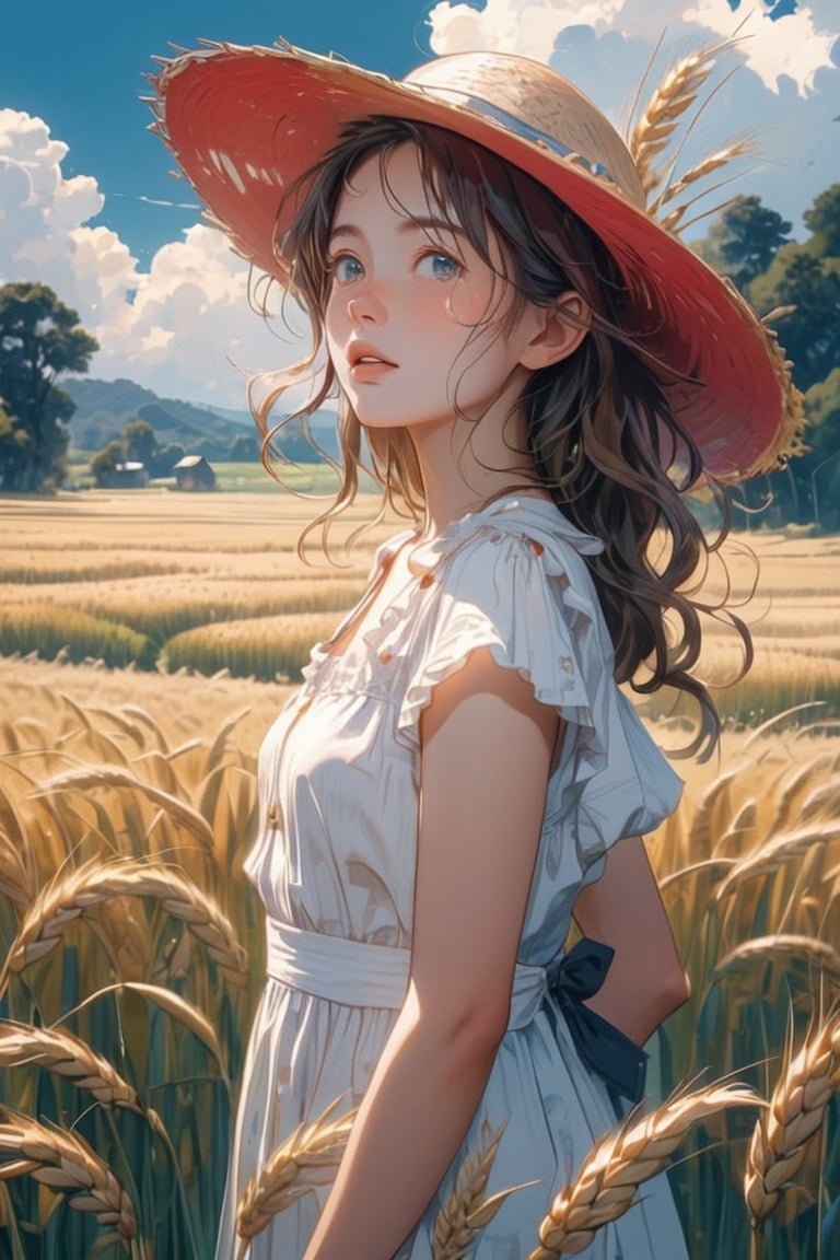 Wheat field, a farmer girl with a straw hat standing in a wheat field. She is a young cute young woman with beautiful eyes, sweaty, clouds, blue sky, rice field, neat rice seedlings in the field, forest, hillside, secluded, rural, HD detail, hyper-detail, cinematic, surrealism, soft light, deep field focus bokeh, ray tracing and surrealism. 