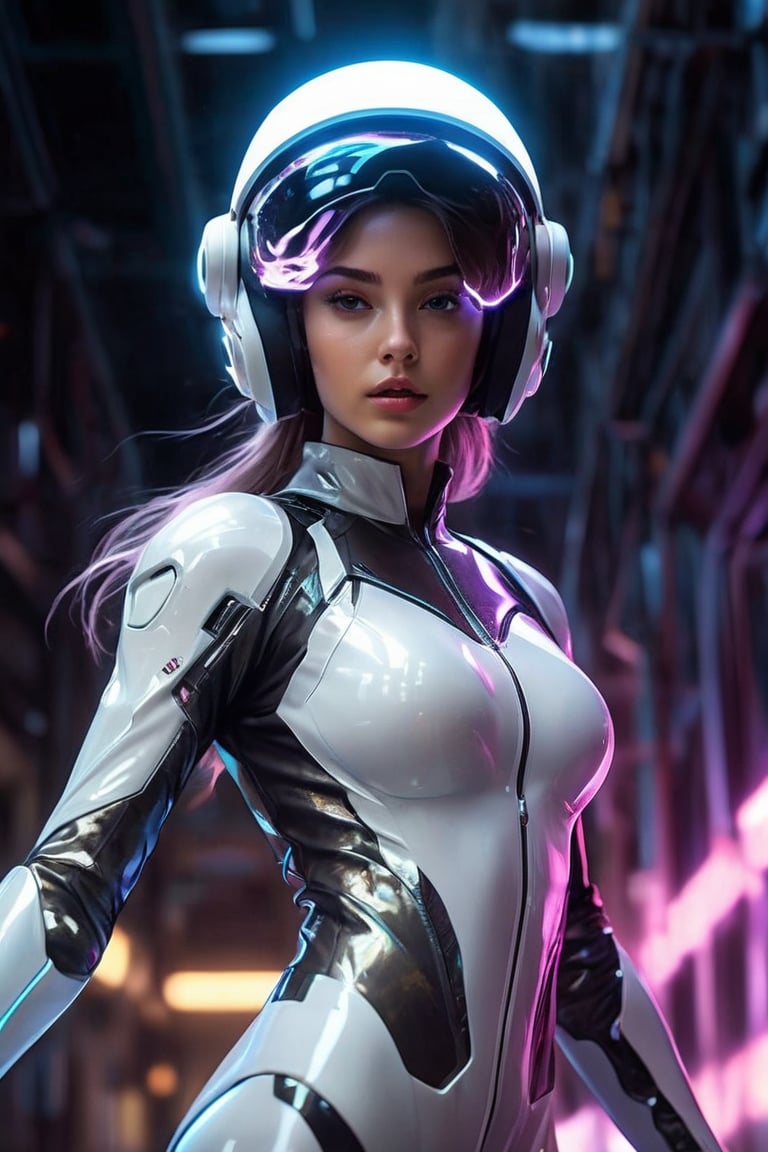 a high-resolution image that captures the essence of a charming character in a futuristic setting. she is wearing white crystal clear white suit and helmet. The character is poised energetically, with flowing garments motion. Incorporate a vivid color scheme with pink, and reflective silvers, reminiscent of nightcore aesthetics. Use dramatic backlighting to emulate a neon glow, contrasting with the darker hues of a cosmic backdrop , she is bright , The image should mimic the depth of field and clarity with sharp focus on the character and a blurred background. Add realistic textures to the character's clothing and hair, and include a visible light source in their hands, producing a gleaming, otherworldly effect. Ensure the overall composition resembles a candid snapshot, capturing a spontaneous moment of action in a surreal, sci-fi universe, Her eyes are purple, her entire body, she is making a gesture of reaching out for something above, a leaping pose, she is gazing at something above., GoPro HERO10 Black, Cinestill 800T, cyberpunk, a cinematic scene, 