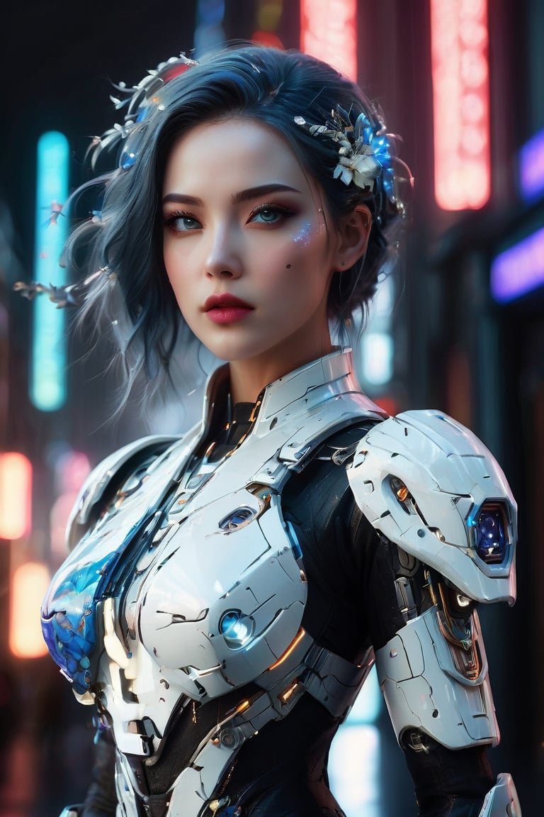 ((masterpiece)), ((best quality)), (((photo Realistic))), (portrait photo), (8k, RAW photo, best quality, masterpiece:1.2), (realistic, photo-realistic:1.3). A stunning 4K high-quality photo of a beautiful woman wearing a white mecha adorned with dazzling lights. Her face, with a captivating gaze, is perfectly enhanced with blue-toned makeup, including dark blue eyeliner, red lip gloss, and a delicate hairpin. Her dark blue hair is a blend of silver, violet, and blue hues, with a gradient effect. The background showcases a complex setting with dark blue flowers and intricate clothing, all against a backdrop of a godly landscape. The atmosphere is filled with a sense of wonder, as the woman's outfit billows in the wind. This photograph truly captures the essence of fashion and artistic beauty.,glowneon,mad-cyberspace,mecha\(hubggirl)\,Mecha