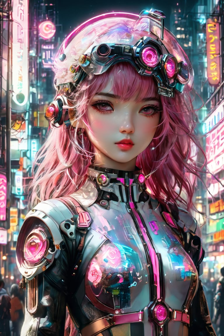 ((masterpiece)), ((best quality)), (((photo Realistic))), (portrait photo), (8k, RAW photo, best quality, masterpiece:1.2), (realistic, photo-realistic:1.3),A captivating cyberpunk-inspired manga illustration targeted at girls, featuring a cute, pink-haired protagonist. She is dressed in a trendy, futuristic outfit with a rose-tinted helmet and adorned with neon heart-shaped accessories. The protagonist holds a milkshake, with its vibrant colors and toppings reflecting the neon theme. The background is a bustling cityscape with towering buildings, holographic advertisements, and a futuristic pink neon sign.