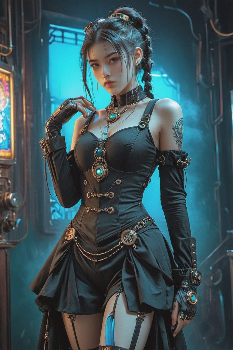 Features a live-action movie character in the style of "Jujutsu Kaisen", Full body, steampunk theme, Victorian era, centered, a young woman, ponytail hair, steampunk dress and accessories, dynamic free pose, vibrant color ,masterpiece artwork, 32k, dslr, uhd, professional photography, best quality, cinematic angle, realistic lighting,Cyberpunk geisha,mad-cyberspace