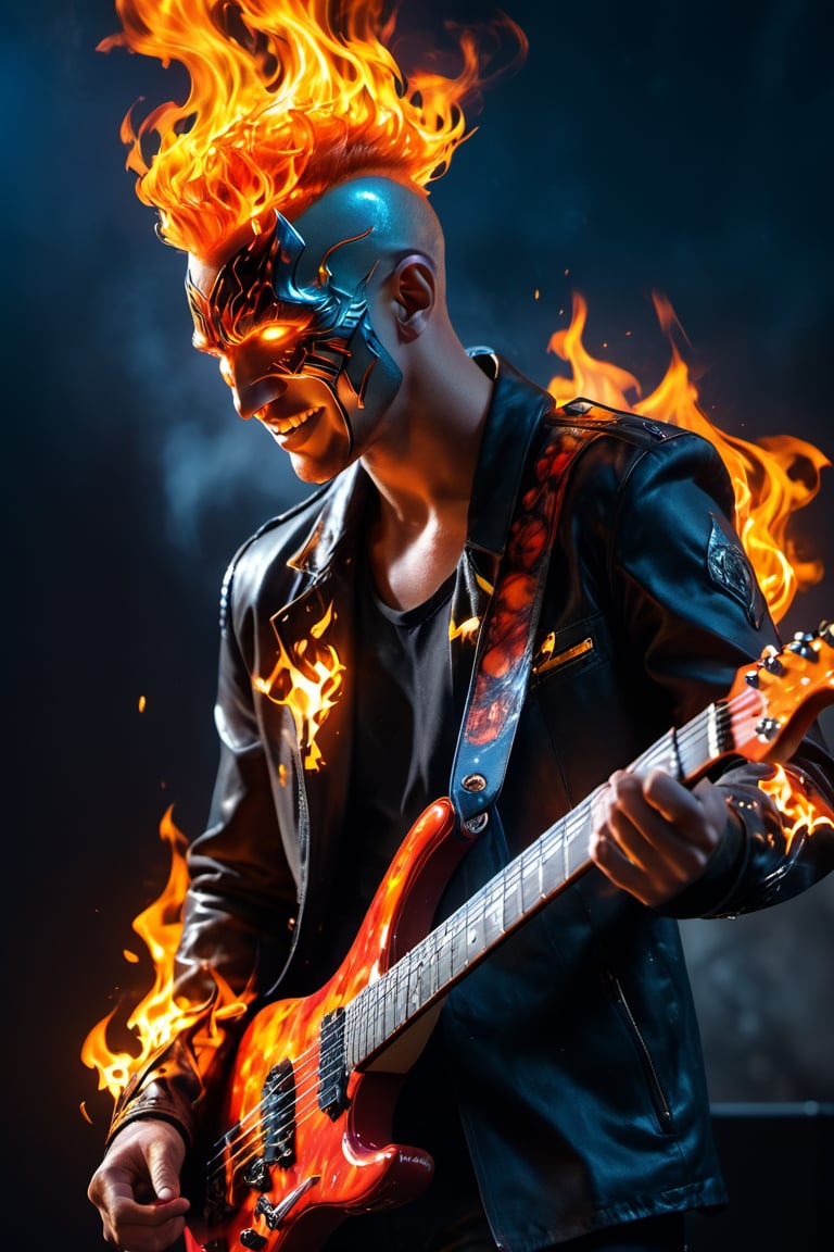 (8k, RAW photo, best quality, masterpiece:1.2), (realistic, photo-realistic:1.3). Human Torch（Marvel Comics) , playing electric guitar , smiling, extremely detailed guitar on fire, man humanoid with fine skin, muscular, whole body covered with a lot of fire spark, chest covered with armor, Albrecht Durer hands, on a stage doing a show, night, rock band in the background, perfect hands, perfect musical instruments, extremely detailed place, extremely detailed clothes, very realistic, low saturation, cool colors, fog, drama, UHD, 16k