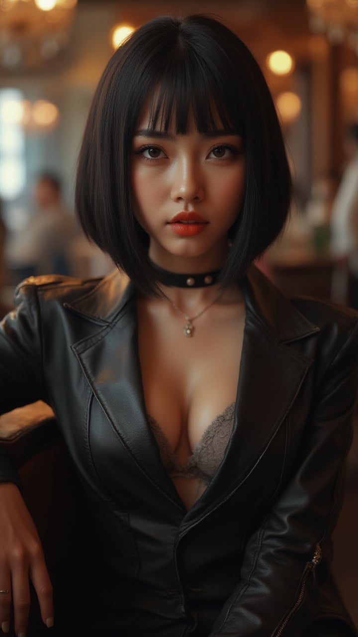 A striking photo of a young woman with bobcut black hair sitting at a bar drinking whisky. She dons a fitted, worn leather jacket over a delicate lace top. Her relaxed yet poised posture radiates danger, allure, and unshakable strength. 