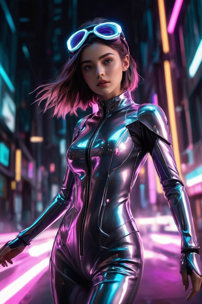 a high-resolution image that captures the essence of a charming character in a futuristic setting. she is an shining AI that her face looks like human. she is wearing metal suit, she wear helmet,The character is poised energetically, with flowing garments suggesting motion. Incorporate a vivid color scheme with pink, and reflective silvers, reminiscent of nightcore aesthetics. Use dramatic backlighting to emulate a neon glow, contrasting with the darker hues of a cosmic backdrop , she is bright , The image should mimic the depth of field and clarity with sharp focus on the character and a blurred background. Add realistic textures to the character's clothing and hair, and include a visible light source in their hands, producing a gleaming, otherworldly effect. Ensure the overall composition resembles a candid snapshot, capturing a spontaneous moment of action in a surreal, sci-fi universe, Her eyes are purple, her entire body, she is making a gesture of reaching out for something above, a leaping pose, she is gazing at something above., GoPro HERO10 Black, Cinestill 800T, cyberpunk, a cinematic scene, 