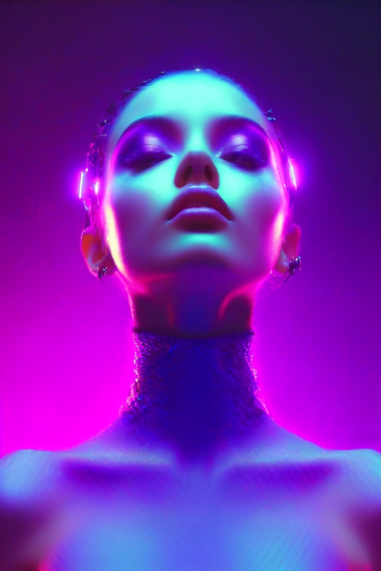 ((masterpiece)), ((best quality)), (((photo Realistic))), (portrait photo), (8k, RAW photo, best quality, masterpiece:1.2), (realistic, photo-realistic:1.3), A captivating and vibrant portrait of a cybergoth fashion cyborg in a minimalist, futuristic setting. The cyborg has subtle miniature glowing inlaid subdermal algorithmic OLED makeup, giving off a soft subsurface scattering effect. The background features a mesmerizing purple sky ambience, with graffiti-inspired typography and a shallow depth of field. A sense of cinematic motion blur enhances the sense of movement and dynamism. The overall composition is a perfect blend of illustration, photography, and digital artistry, portrait photography, cinematic, 