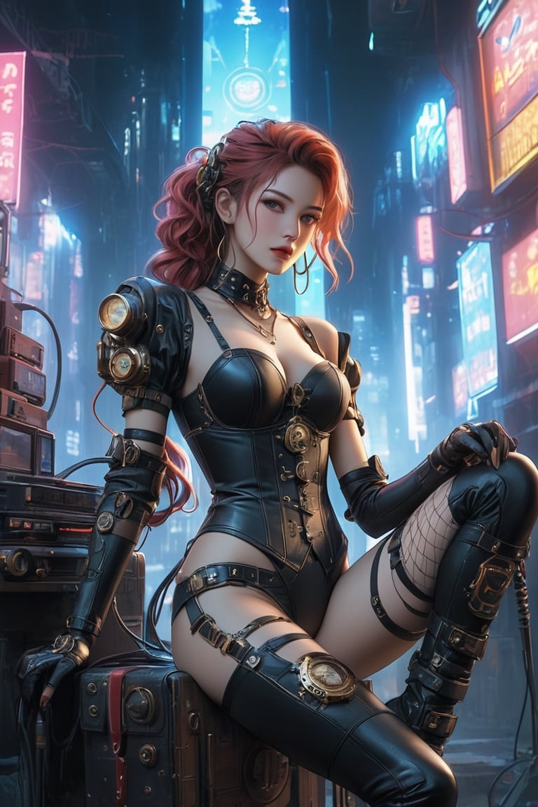 A stunning photo of a cyberpunk gamer girl dressed in a steampunk-inspired outfit. She is wearing a alluring black corset adorned with brass gears, sexy fishnet stockings, and knee-high leather boots, with a black and red hairstyle. A cyberpunk-inspired gaming console sits on her lap, with neon lights and wires intertwining around her legs. The background is a futuristic and moody cityscape with towering buildings and neon signs. The overall atmosphere of the photo is sensual, mysterious, and alluring, photo