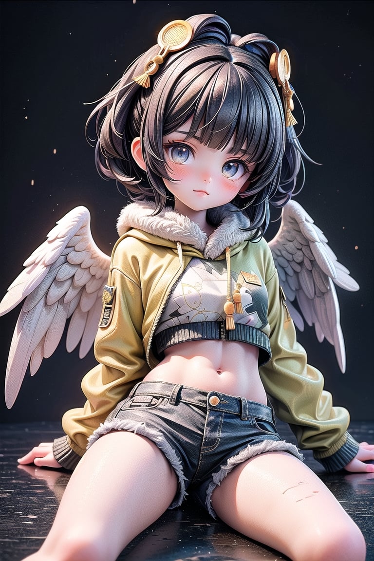best quality, masterpiece, beautiful and aesthetic, vibrant color, Exquisite details and textures,  Warm tone, ultra realistic illustration,	(cute asian GIRL, 16year old:1.5),	(angel theme:1.4), cute eyes, big eyes,	(a sullen look:1.2),	cinematic lighting, ambient lighting, sidelighting, cinematic shot,	siena natural ratio, children's body, anime style, 	head to toe,	dark brown ponytail hairstyle with blunt bangs, 	fur trimmed jacket, crop top, denim shorts, 	ultra hd, realistic, vivid colors, highly detailed, UHD drawing, perfect composition, beautiful detailed intricate insanely detailed octane render trending on artstation, 8k artistic photography, photorealistic concept art, soft natural volumetric cinematic perfect light. 