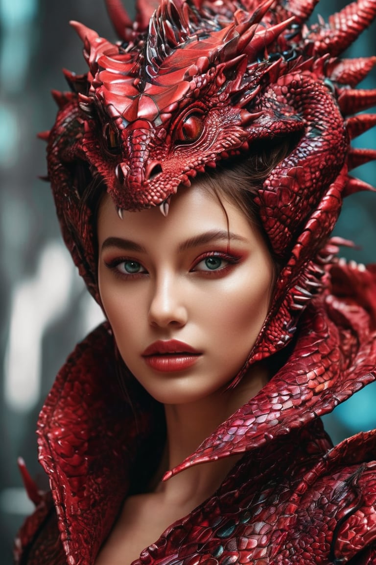 hyperrealistic, a masterpiece. A captivating alien female draconian shapeshifter is depicted in this vibrant and detailed digital design masterpiece. The subject has skin that resembles the scales of a red dragon, giving her an exotic and alluring appearance. Her face is beautifully attractive, with striking crimson eyes that draw you in, puffy lips that add to her allure, and long flowing red hair that frames her face perfectly. The image is in focus, bringing out all the intricate details of the subject's features. This high-quality artwork showcases the artist's skill in creating a stunning portrayal of this otherworldly being.