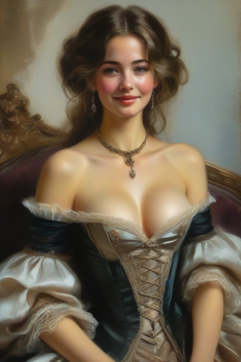 ((masterpiece)), ((best quality)), (((photo Realistic))), NSFW, baroque style drawing art, upper body view of beautiful adult french woman, wearing open low cut victorian era dress, sexy legs, detailed clothing, muted colors, shy smile on perfect face, small breasts, perfect nipples, perfect hands, medium big breasts, pretty boobs, ,dripping paint,epicDiP,oil painting