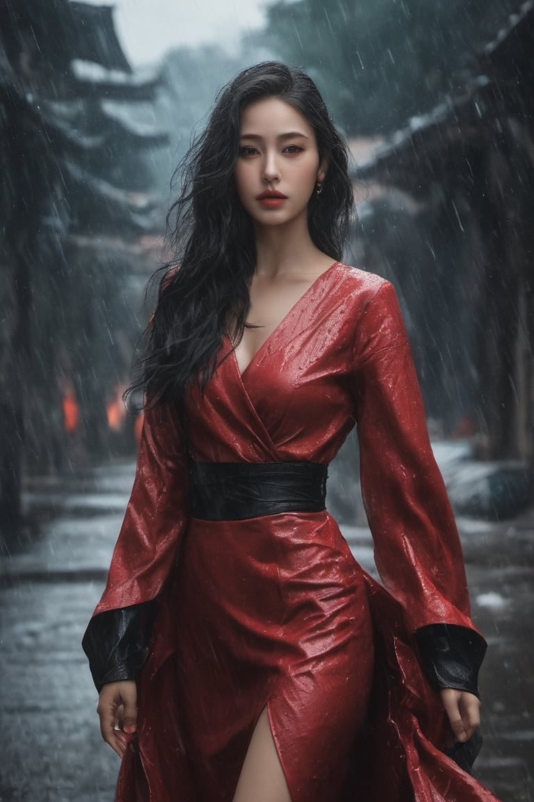 A captivating, fantasy portrait of a confident woman standing tall in the rain, exuding an enigmatic aura. She dons a black leather jacket, a red dress, and high black boots, with dark eyes and flowing loose black hair cascading down the left side of the canvas ink splash art piece featuring a strong female figure clad in a fiery red dress and a black hooded leather jacket. The contours of her face and body are boldly defined by expressive, sharply etched strokes, creating a striking contrast to her vibrant attire. The background is a whirlwind of turbulent energy, with a stormy sky and sea displaying stark lines and vivid hues. Waves crash dramatically against the shore, and the woman stands unwavering, embodying resilience, determination, and inner strength amidst the chaotic environment, ukiyo-e, dark fantasy, cinematic, poster, painting, photo, architecture, product, wildlife photography, typography, 3d render, illustration, vibrant, anime, conceptual art, graffiti, fashion, portrait photography.