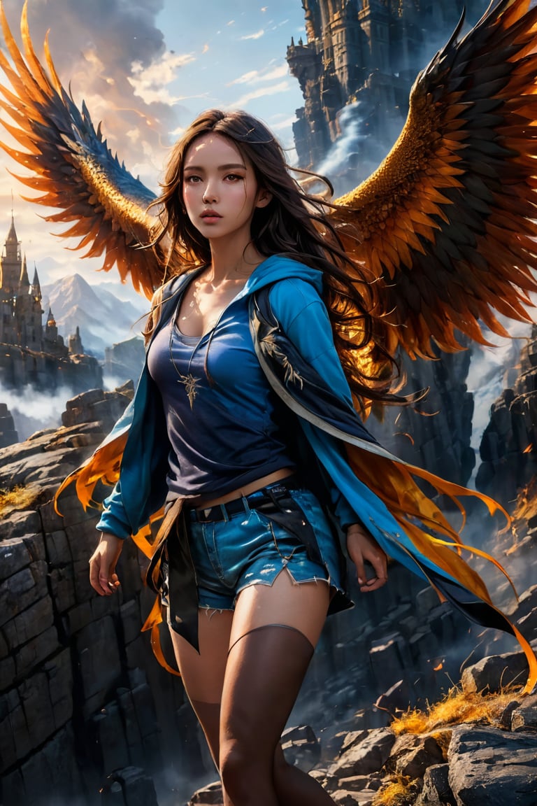 (8k, RAW photo, best quality, masterpiece:1.2), (realistic, photo-realistic:1.3). A captivating and intense scene portraying a strong-willed woman standing on a rocky outcrop, with her arms outstretched in triumph and empowerment. The young woman, with her long hair flowing in the wind, is dressed in a cropped hoodie and shorts, further accentuating her dynamic energy. The focal point of the image is a towering, mythical Phoenix dragon, with its wings ablaze in vibrant orange and yellow flames, rising majestically behind her. Its fierce expression and spread wings create an aura of intense heat and light that illuminates the scene. The ominous, dark landscape in the background, with shadowy castle-like structures, adds a sense of foreboding and contrast, enhancing the overall cinematic impact of this powerful image.