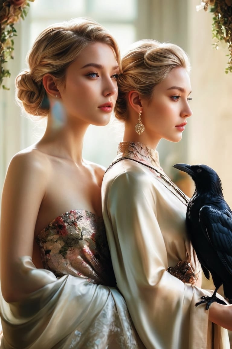 ((masterpiece)), ((best quality)), (((photo Realistic))), (portrait photo), (8k, RAW photo, best quality, masterpiece:1.2), (realistic, photo-realistic:1.3), A cinematic portrayal of two contrasting female figures, back to back. One woman has blonde hair and is draped in a delicate, floral-patterned garment that cascades down her legs, creating an ethereal atmosphere. The other woman has raven-black hair styled in an elegant updo, her serene expression adding to the harmonious duality. The contrast between their hair colors highlights their different natures, while the soft and muted color palette of beige, cream, and deep blacks connects them to the natural world. The scene exudes elegance and serenity, with the two women lost in their own contemplative reveries, inviting the viewer to appreciate their beauty and grace.