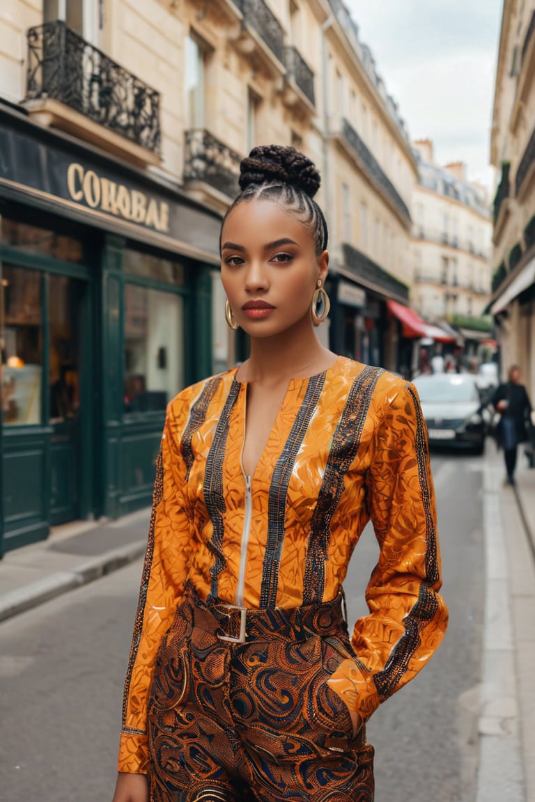 A photo of a young beautiful fit African American female model with cornrows and brown eyes, reflecting a sophisticated contemporary style. Her outfit fuses traditional Nigerian Ankara and aso-oke textile. The setting includes a street in Paris, enhancing the elegant and dynamic atmosphere. The model poses confidently, captured on film with sharp focus. The shirt and combat trousers feature reflective strips on the shirt, zipper and buckle details, an asymmetrical neckline, and ankara and neon accents.